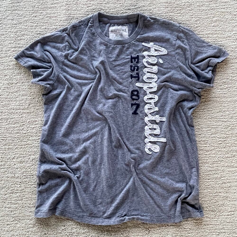 🔥Y2K Style Single Stitch Aeropostale SPELL OUT Embroidered Grunge Gray Shirt XL